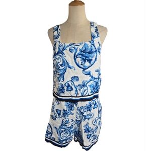 LOFT  Blue and White Printed Linen Blend Shorts Set